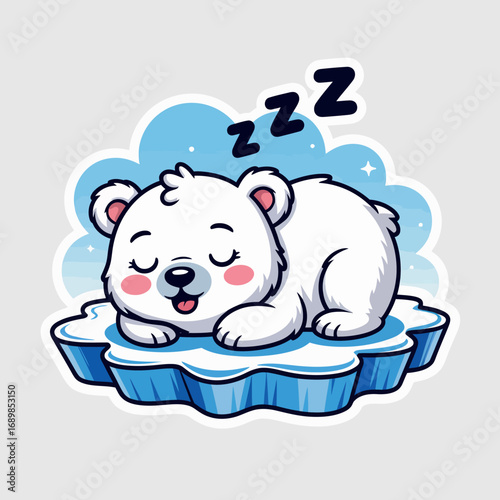 An endearing polar bear is peacefully sleeping on a fluffy ice platform, creating a serene and adorable scene that embodies tranquility and comfort. Perfect for nurturing themes.