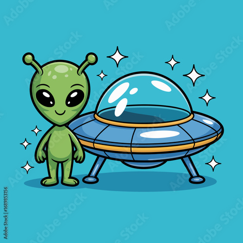This charming image features a green alien character standing next to a shiny UFO, set against a vibrant blue background that captures attention and sparks imagination.