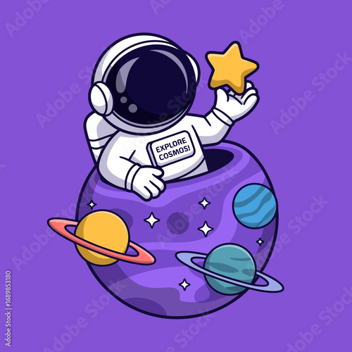 An astronaut is holding a bright star amidst a purple planetary backdrop, showcasing the spirit of exploration and curiosity in the vast cosmos filled with colorful planets.