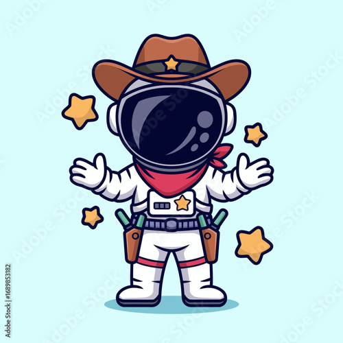 A playful cowboy astronaut is proudly showcasing a fun mix of Western and space themes with a starry ambiance, embodying adventure and creativity in a unique character design.