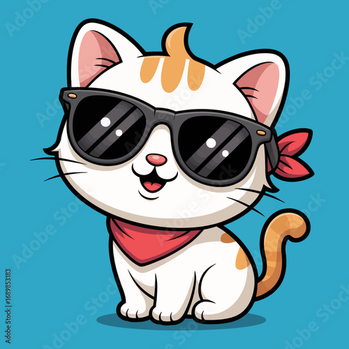 This stylish cat character, adorned with a bandana and oversized sunglasses, exudes coolness and charm, capturing playful and trendy vibes, perfect for pet-themed illustrations.