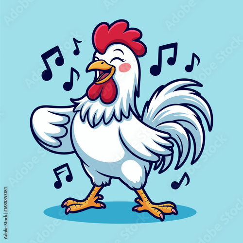 A vibrant cartoon rooster singing merrily, surrounded by musical notes, showcasing its cheerful personality and joyful essence in a lighthearted, animated design.