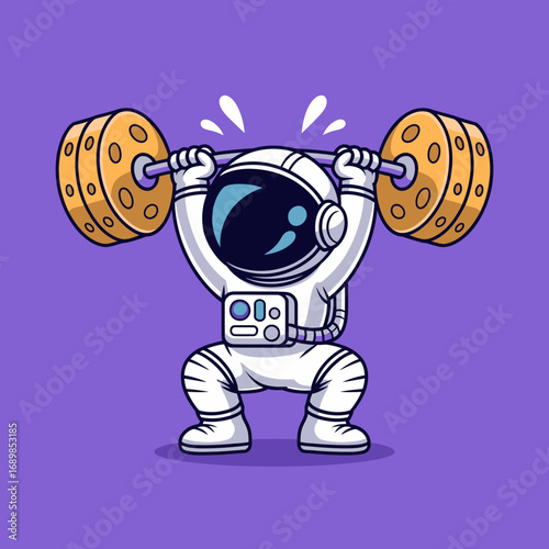 In this playful illustration, an astronaut demonstrates strong determination and strength while lifting oversized weights amidst a vibrant cosmic backdrop.