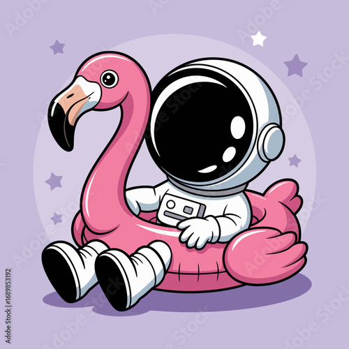 A whimsical image of an astronaut seated on a pink flamingo float, enjoying a fun and relaxing moment surrounded by stars in a pastel background.