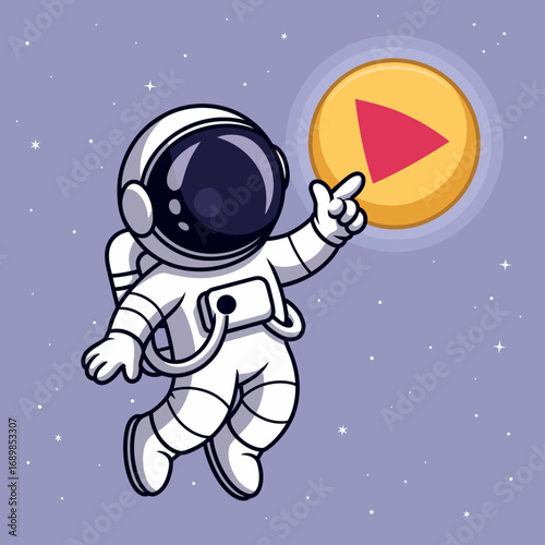 An adorable astronaut in space, pointing at a large play button, symbolizes exploration and adventure, encouraging interaction and discovery in a playful and futuristic design style.