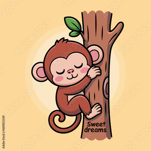 This delightful illustration features a cute monkey character hugging a tree while expressing contentment and joy, capturing the playful spirit of wildlife in a whimsical art style.