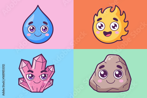 This delightful image showcases adorable elemental characters—a droplet, flame, crystal, and rock—each with cheerful faces, embodying the playful spirit of nature.