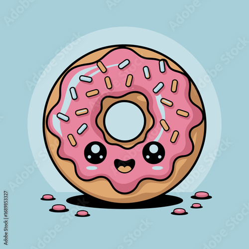 This adorable pink frosted donut, adorned with colorful sprinkles, features a happy face that enhances its charm, making it perfect for bakery-themed designs or children's art.
