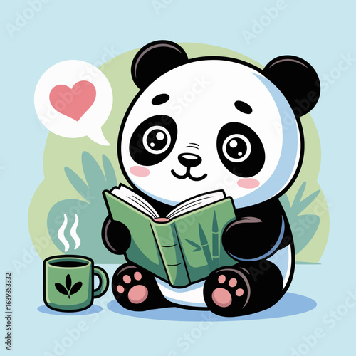 A charming panda sits happily with a book and a cup of tea, embodying cozy vibes that celebrate the love for reading and nature’s tranquility amidst lush greenery.
