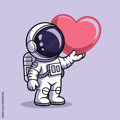 An astronaut is extending a heart towards viewers, representing love and connection, showcasing a blend of space exploration with deep emotions and universal affection.