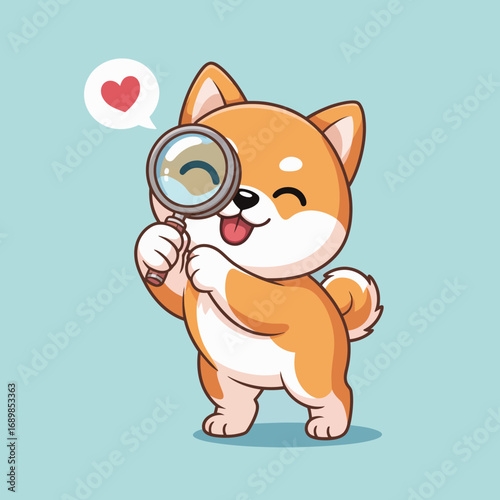 This delightful illustration features a cheerful puppy holding a magnifying glass, conveying curiosity, happiness, and the playful nature of pets exploring their surroundings.