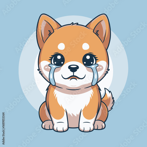 A heartwarming yet emotional illustration of a sad corgi puppy with teary eyes, perfectly capturing the essence of longing and cuteness evoking feelings of love and compassion.