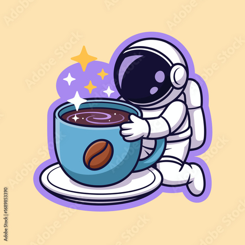 An adorable astronaut cradles a large cup of coffee, showcasing a whimsical fusion of space exploration and everyday comfort, set against a soft pastel backdrop filled with stars.