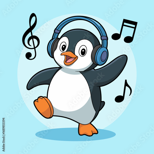 A joyful penguin wearing big blue headphones, dancing while musical notes swirl around it, embodies happiness and fun in a vibrant, cartoonish design that appeals to all ages.