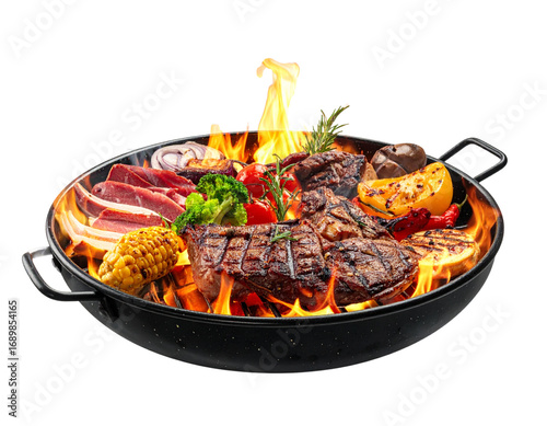  Fantasy Floating Grand Mix Grill Platter with Smoke and Fire Sparks – Surreal PNG