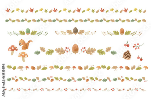 Autumn Acorn, Mushroom, Red Berry, and Leaf Line Set