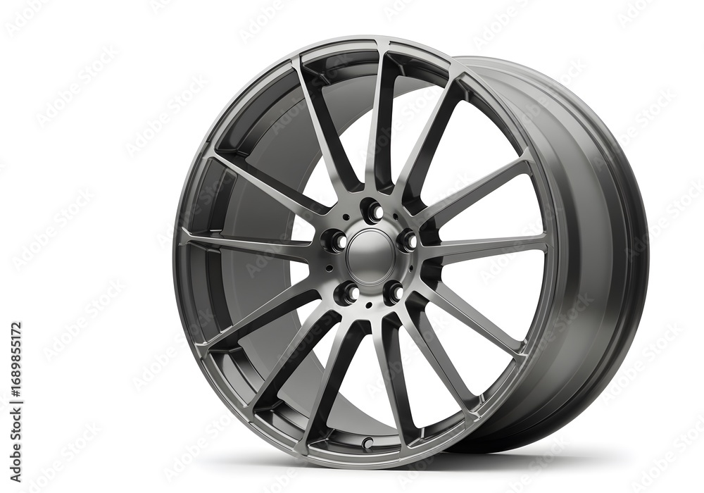Obraz premium Sleek gunmetal alloy wheel isolated for auto customization projects offering a modern aesthetic and performance car upgrade