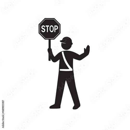 crossing guard with stop sign silhouette, vector illustration