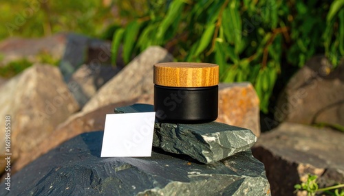 Black Balm Jar with Wooden Lid on Slate Rocks