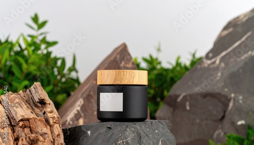 Black Balm Jar with Wooden Lid on Slate Rocks and Greenery
