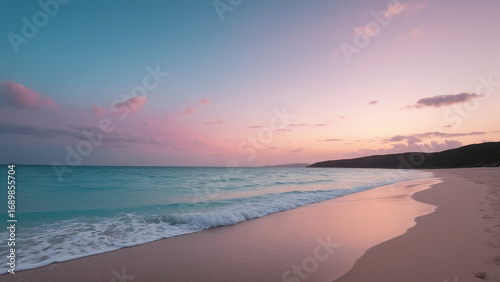 Foto Serene beach sunrise, tropical coast, pastel clouds, calm sea, empty sand, lands
