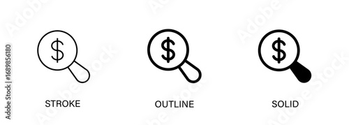 Magnifying glass and money icon for capital search, finance, check, banking, business. Vector stroke, outline and solid icons.