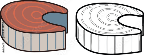 Salmon fish steak vector set in color and outline