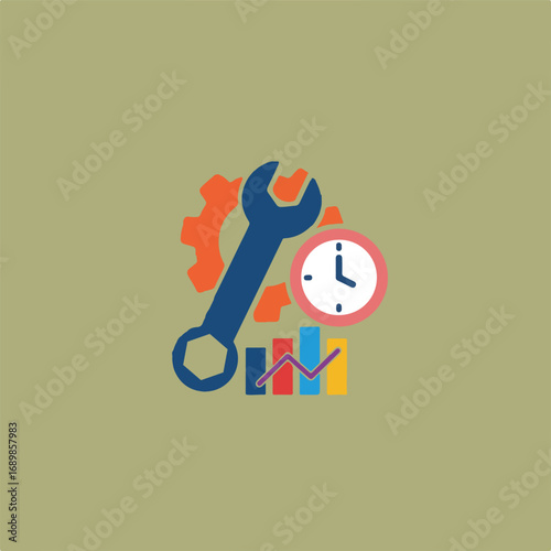 A digital illustration features a wrench over a gear, a clock and a graph with bars and a line on a light olive-green background.