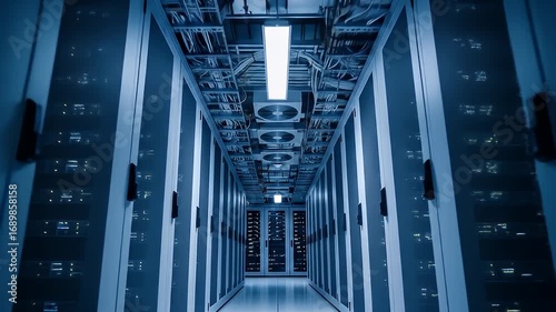 High-Tech Data Center with Server Racks and Blue Lighting
