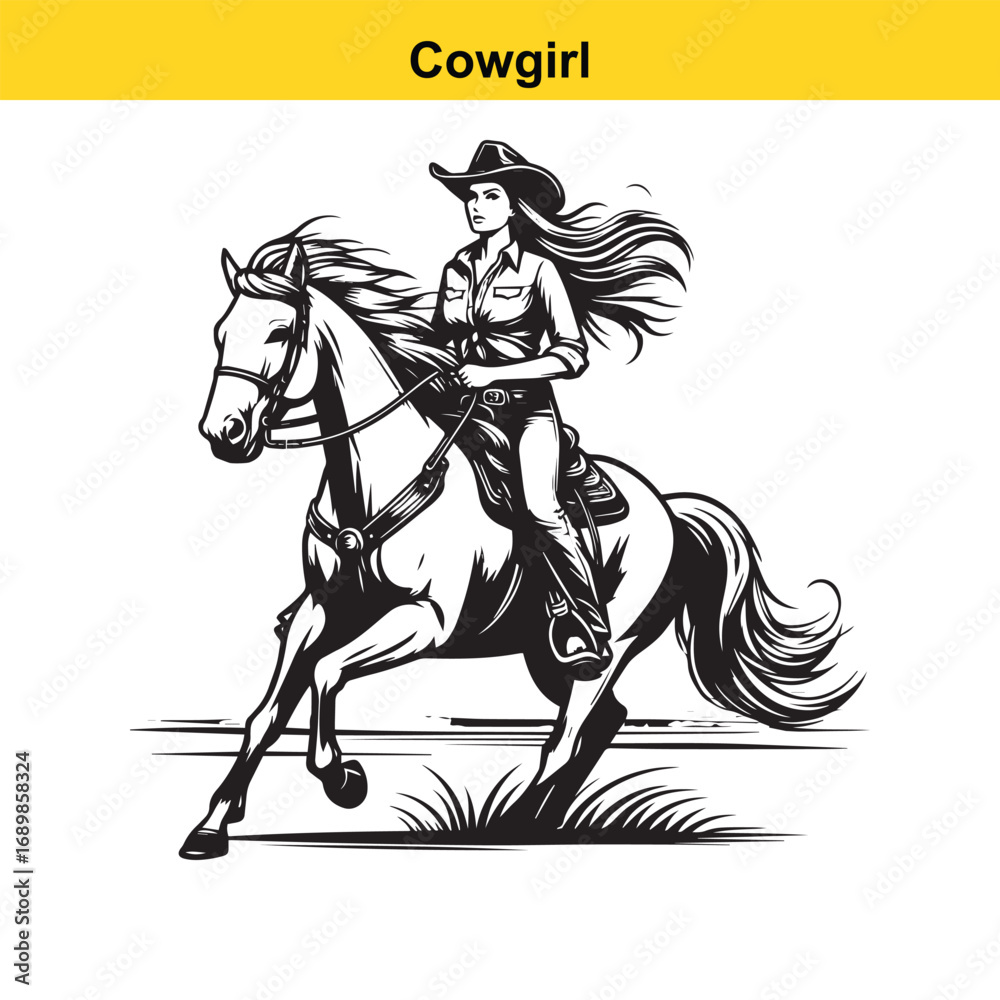 Obraz premium Grace in Motion – Western Horsewoman Riding with Power and Poise in Vintage Ink Detail