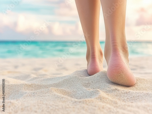 Person Walking on Sandy Beach with Ocean Waves and Soft Clouds in Background During a Warm Sunny Day