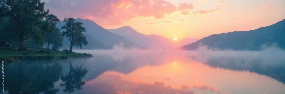 Fototapeta premium Serene landscape at dawn, mist rising over tranquil water, conveying peace and inner reflection; ideal for spirituality, meditation, yoga, mindfulness themes , mindfulness, energy