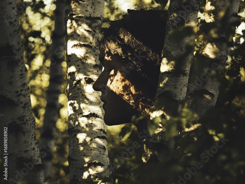 Profile silhouette of a person among birch trees with soft sunlight filtering through leaves in a tranquil nature scene
