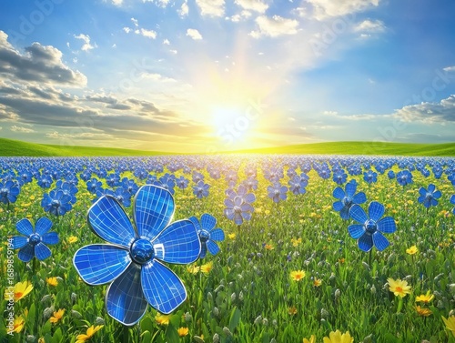 Solar Technology Blooms in a Colorful Field Under Bright Sunlight with Blue Flowers Reflecting Clean Energy Innovation