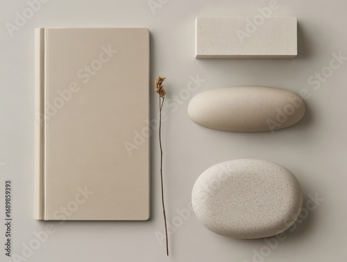 Minimalistic workspace arrangement featuring a soft beige notebook, decorative stones, and a delicate dried flower