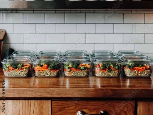Fresh Meal Prep Containers with Colorful Vegetables and Quinoa on a Wooden Kitchen Counter