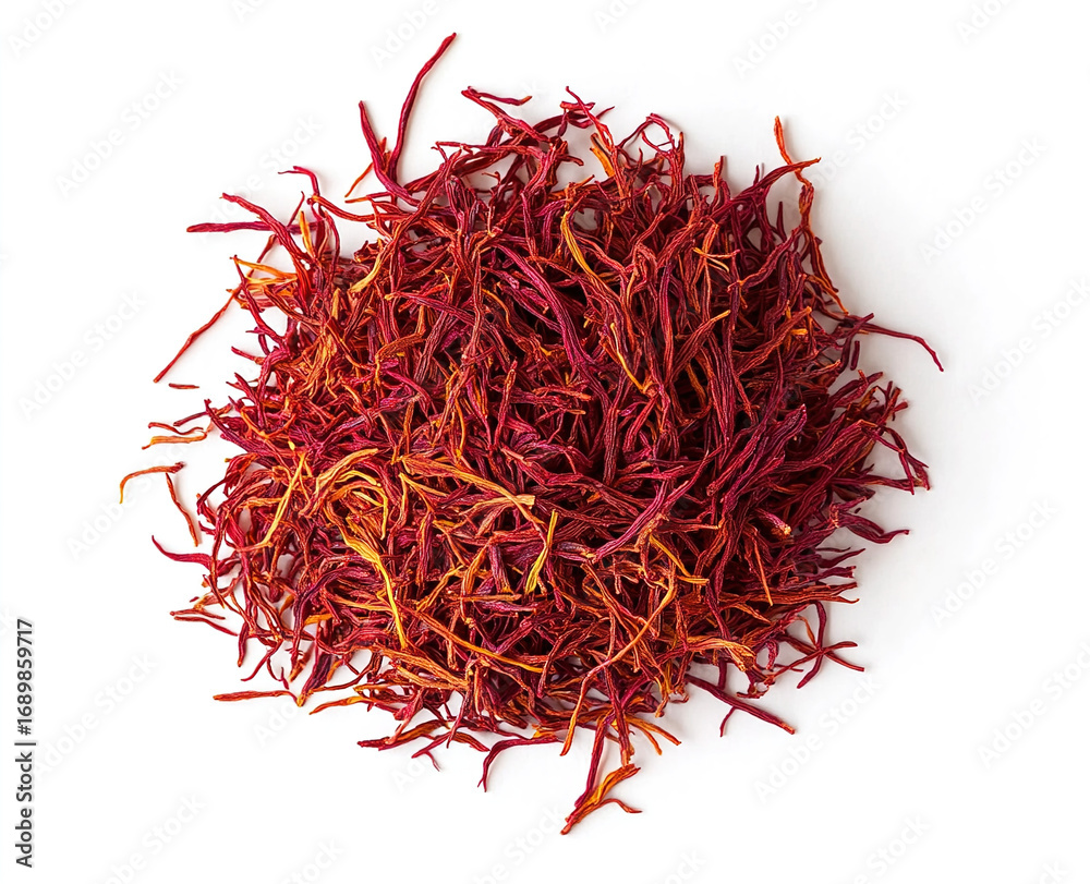 Fototapeta premium saffron thread in the wooden plate, isolated on the white background.