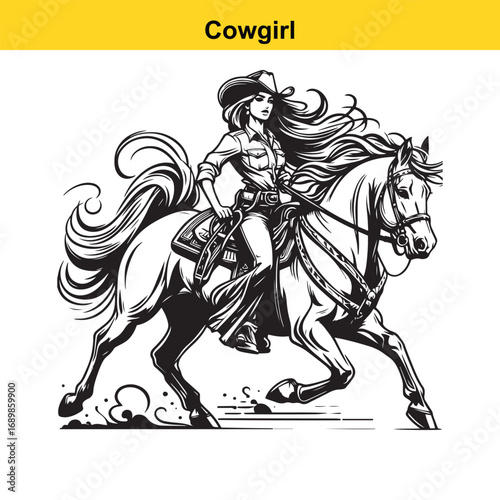 Grace in Motion – Western Horsewoman Riding with Power and Poise in Vintage Ink Detail