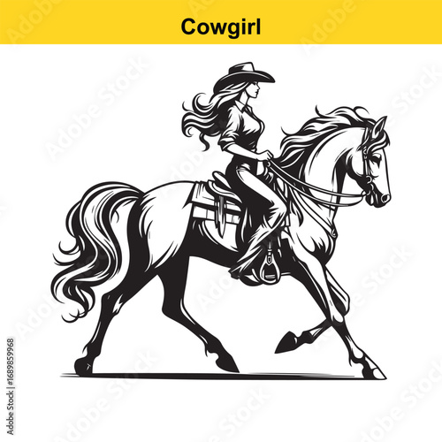 Grace in Motion – Western Horsewoman Riding with Power and Poise in Vintage Ink Detail