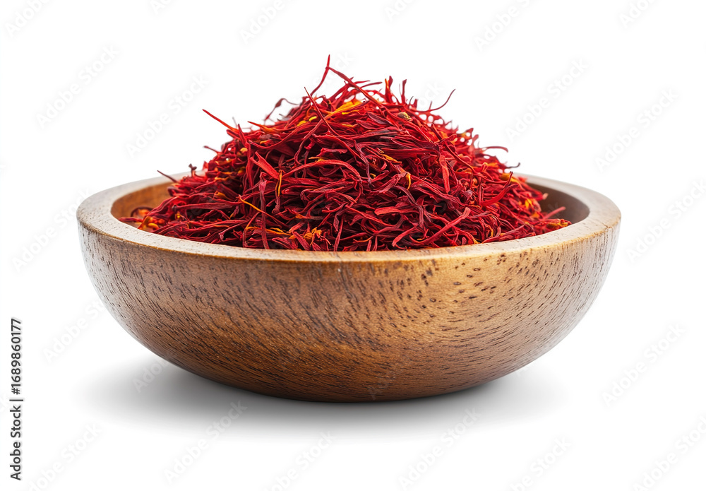 Fototapeta premium saffron thread in the wooden plate, isolated on the white background.