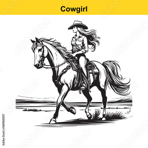 Grace in Motion – Western Horsewoman Riding with Power and Poise in Vintage Ink Detail