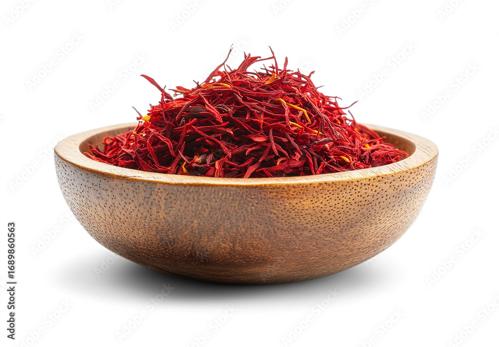 Fototapeta premium saffron thread in the wooden plate, isolated on the white background.