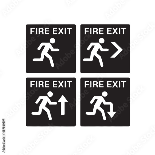 Fire exit icon set, silhouette vector illustration
