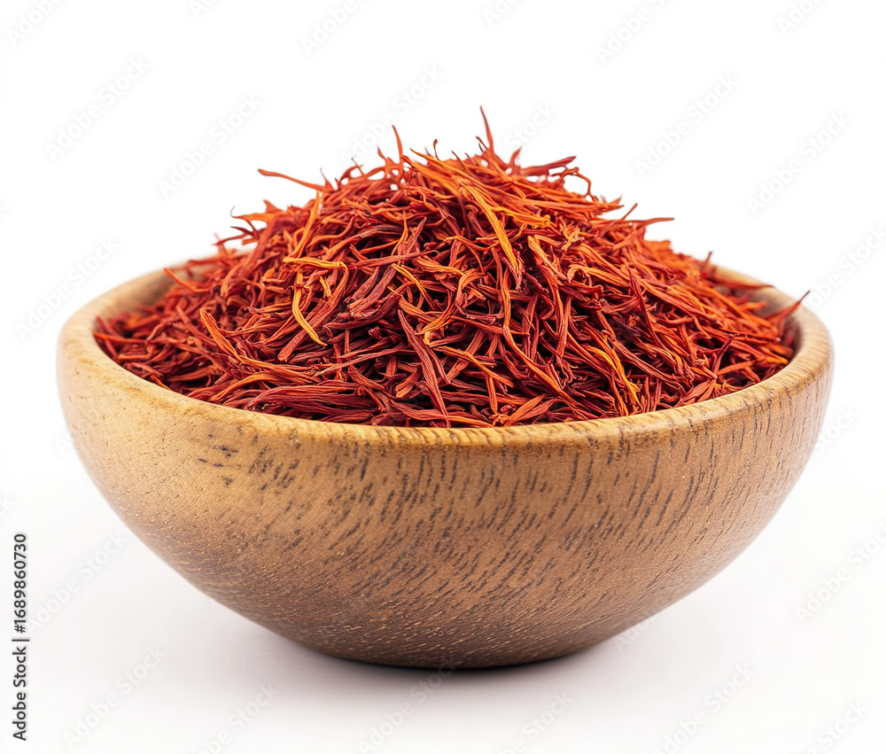 Fototapeta premium saffron thread in the wooden plate, isolated on the white background.