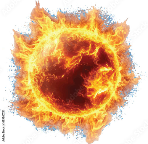 Fiery Sun with Blue Plasma Halo on White Background