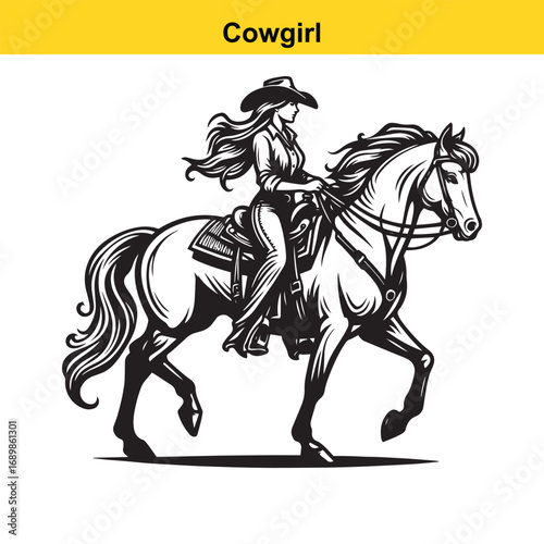Grace in Motion – Western Horsewoman Riding with Power and Poise in Vintage Ink Detail