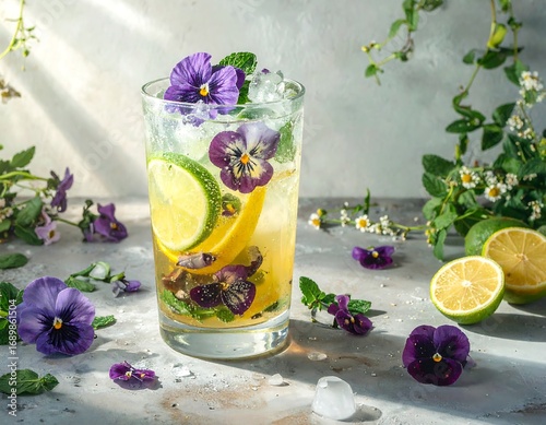 Refreshing floral drink with citrus and herbs