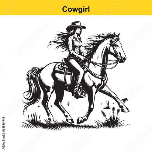 Grace in Motion – Western Horsewoman Riding with Power and Poise in Vintage Ink Detail