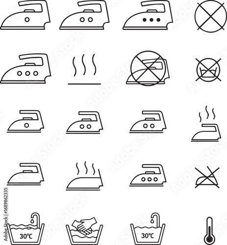 Collection of hand drawn laundry care symbols and ironing instructions for clothing care and textile labels
