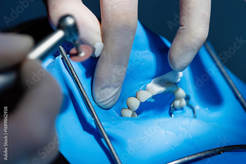 Принти на полотні Close-up of dentist hands using dental drill with polishing disc to finish bonded veneer